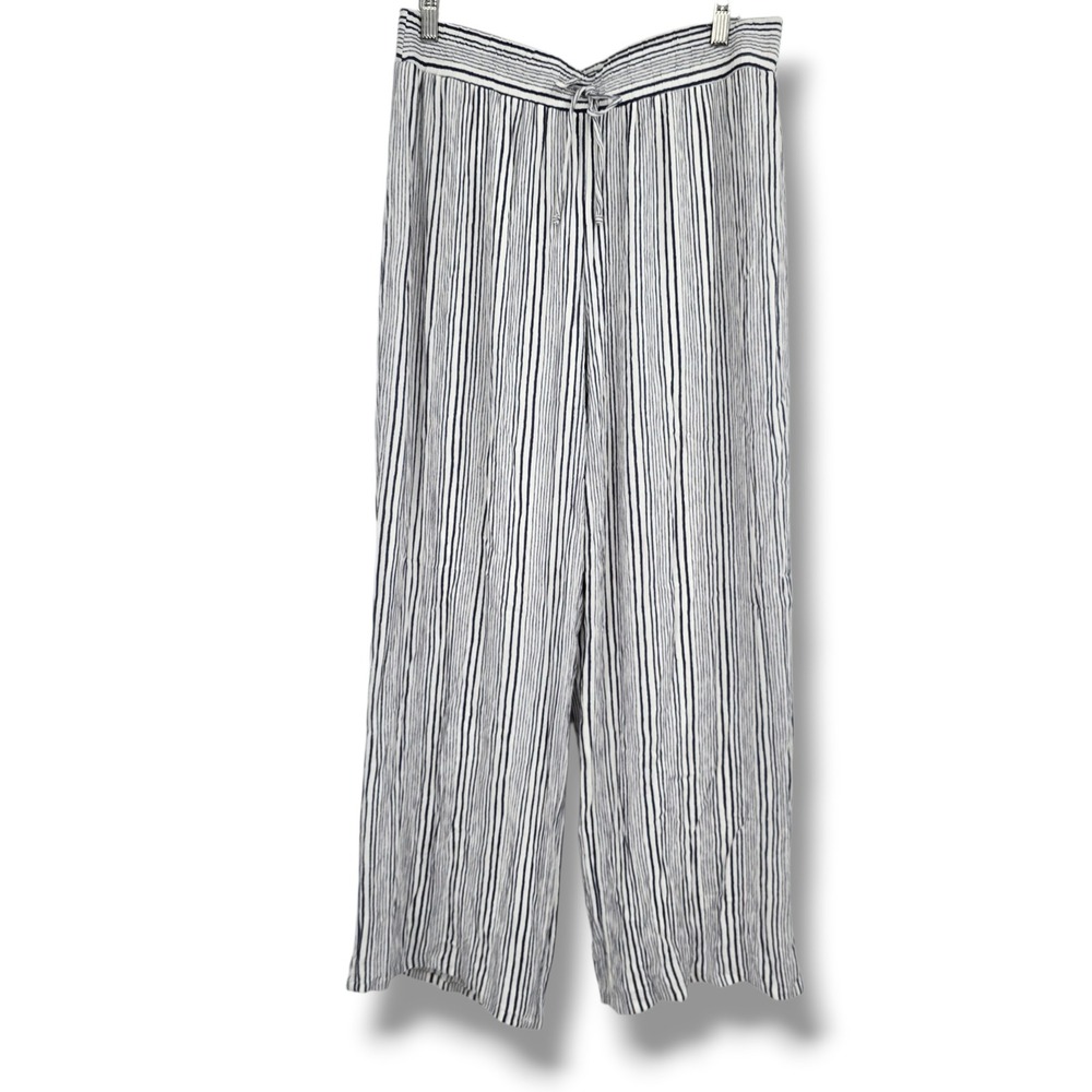 AGB Womens Navy White‎ Striped Wide Leg Palazzo Pants Smocked Waist L